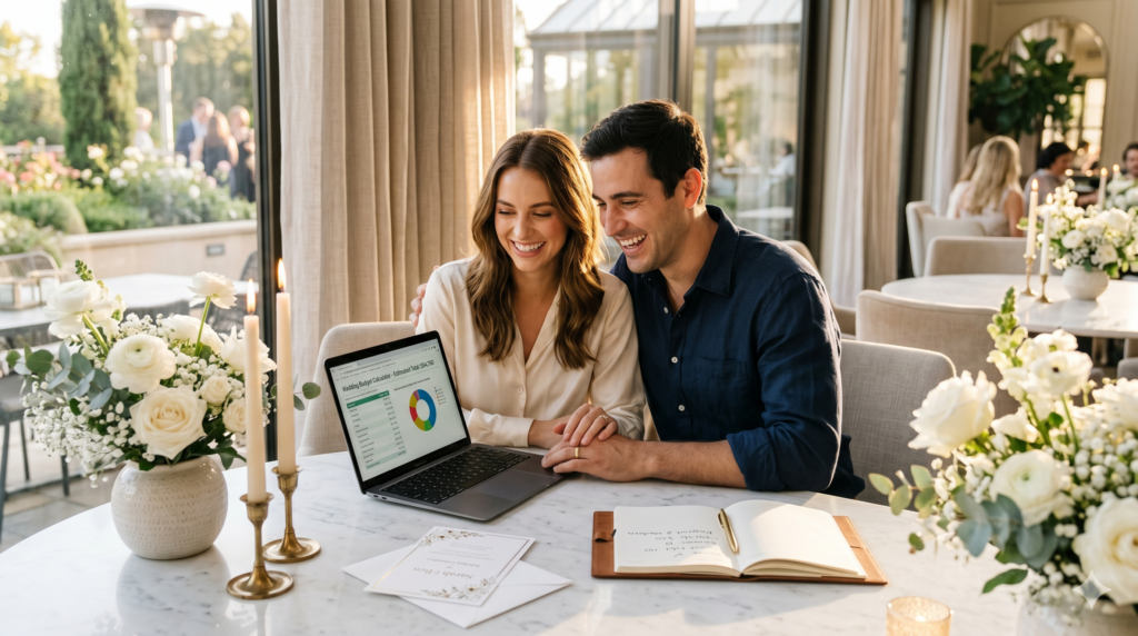 Fiatal pár esküvői szolgáltatás ár kalkulátort használ laptopon, fehér virágokkal díszített asztalnál